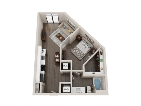 Floor plan for 1 bed, 1 bath, 633 sqft